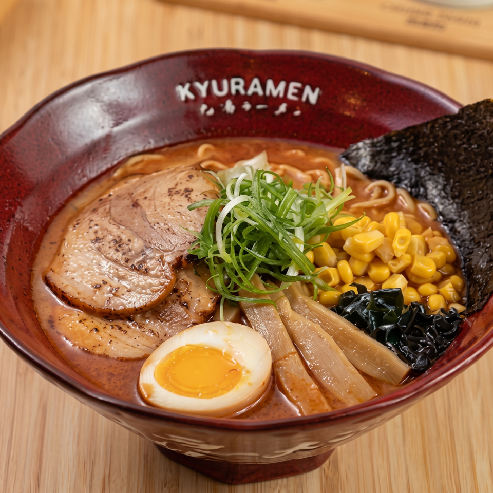 Bowl of ramen topped with sliced pork, soft-boiled egg, corn, scallions, mushrooms, and seaweed.