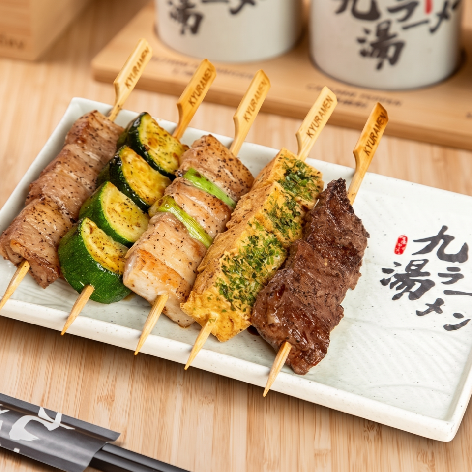 Japanese grilled skewers of meat, vegetables, tofu, and fish arranged on a branded ceramic plate.