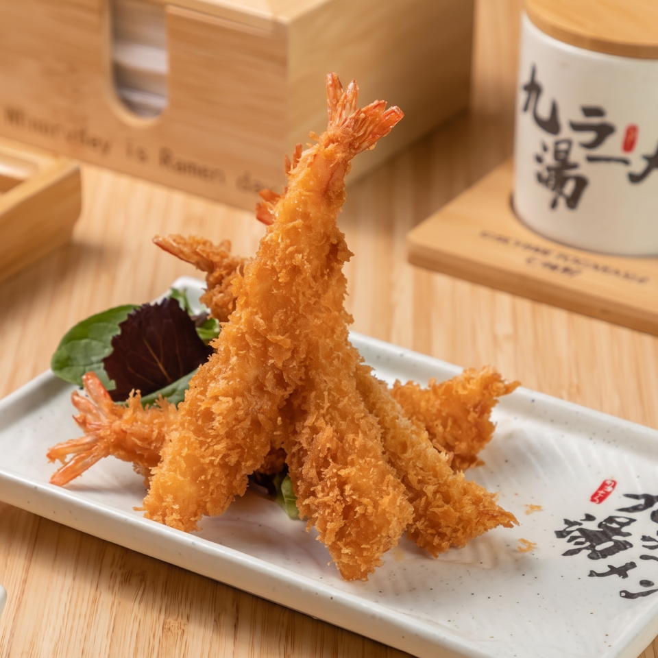 Crispy golden shrimp tempura arranged on a Japanese ceramic platter with greens and calligraphy.